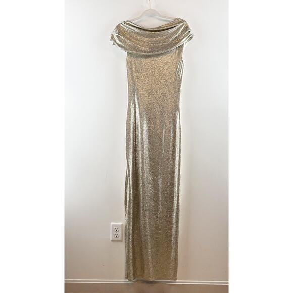 Rachel Roy Asymmetrical Off Shoulder Maxi Slit Gown Dress Gold Metallic 6 - Picture 13 of 13